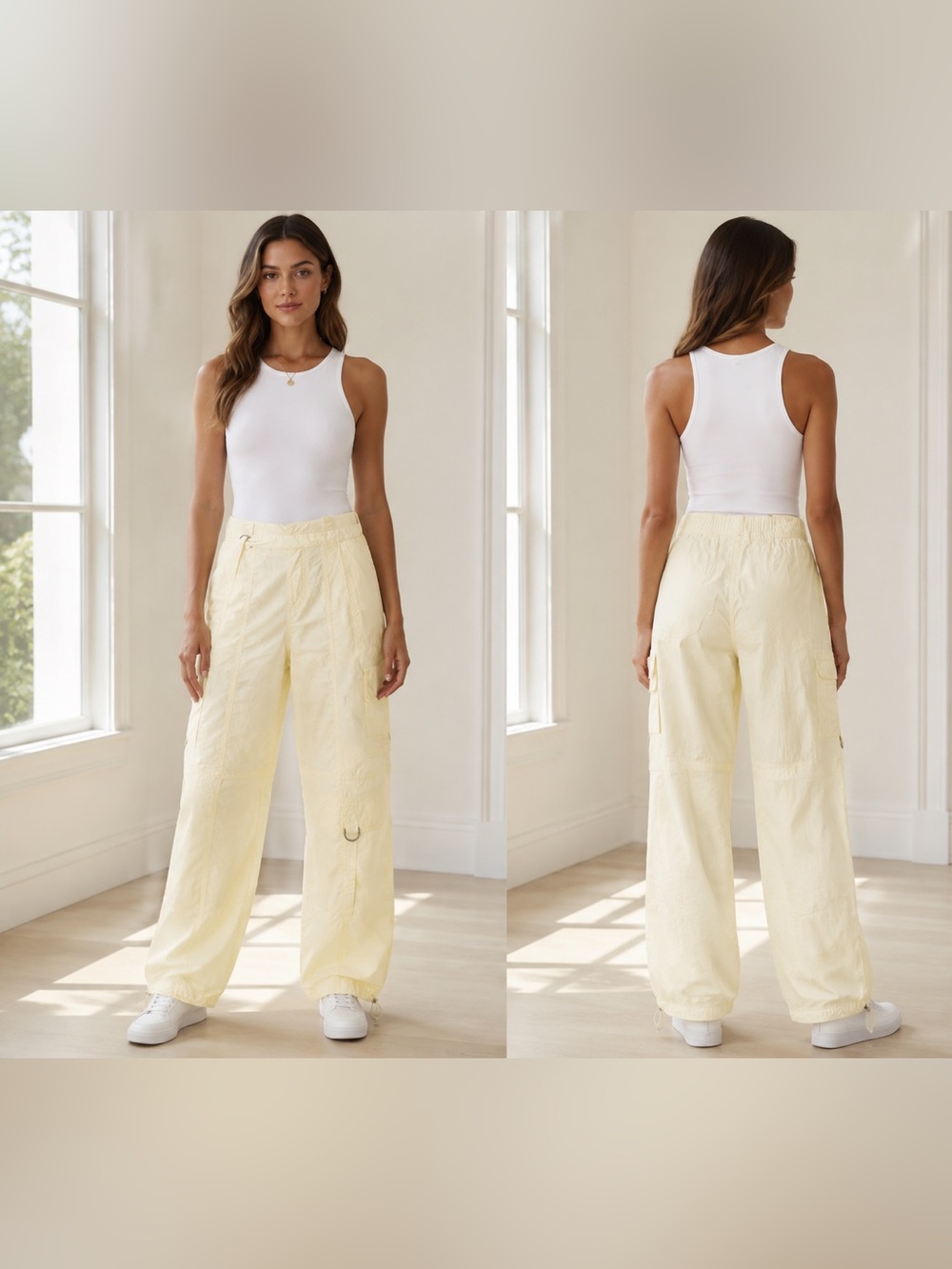 No Boundaries Pale Yellow Wide-Leg Pharachute/Cargo Pants EX Small -NWT